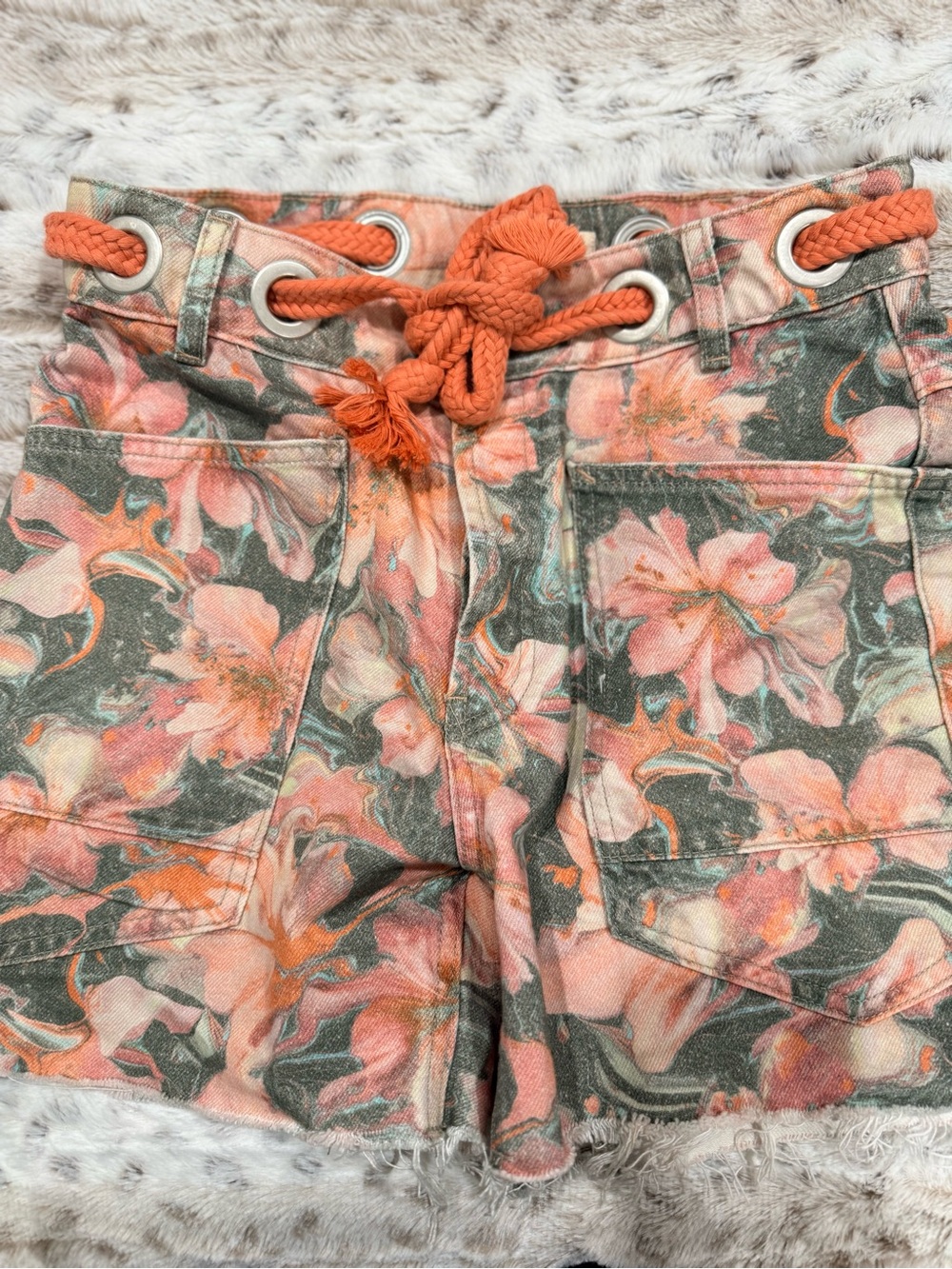 Free People Coral Floral High-Waist Rope-Detail Shorts